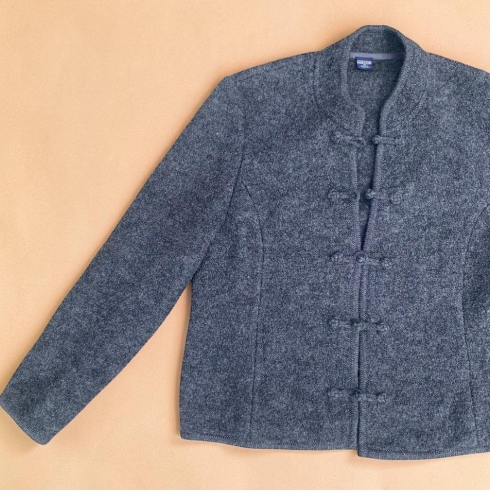 Vintage Lands' End Wool Mandarin Frog Closure Jacket Charcoal Gray 12P Petite